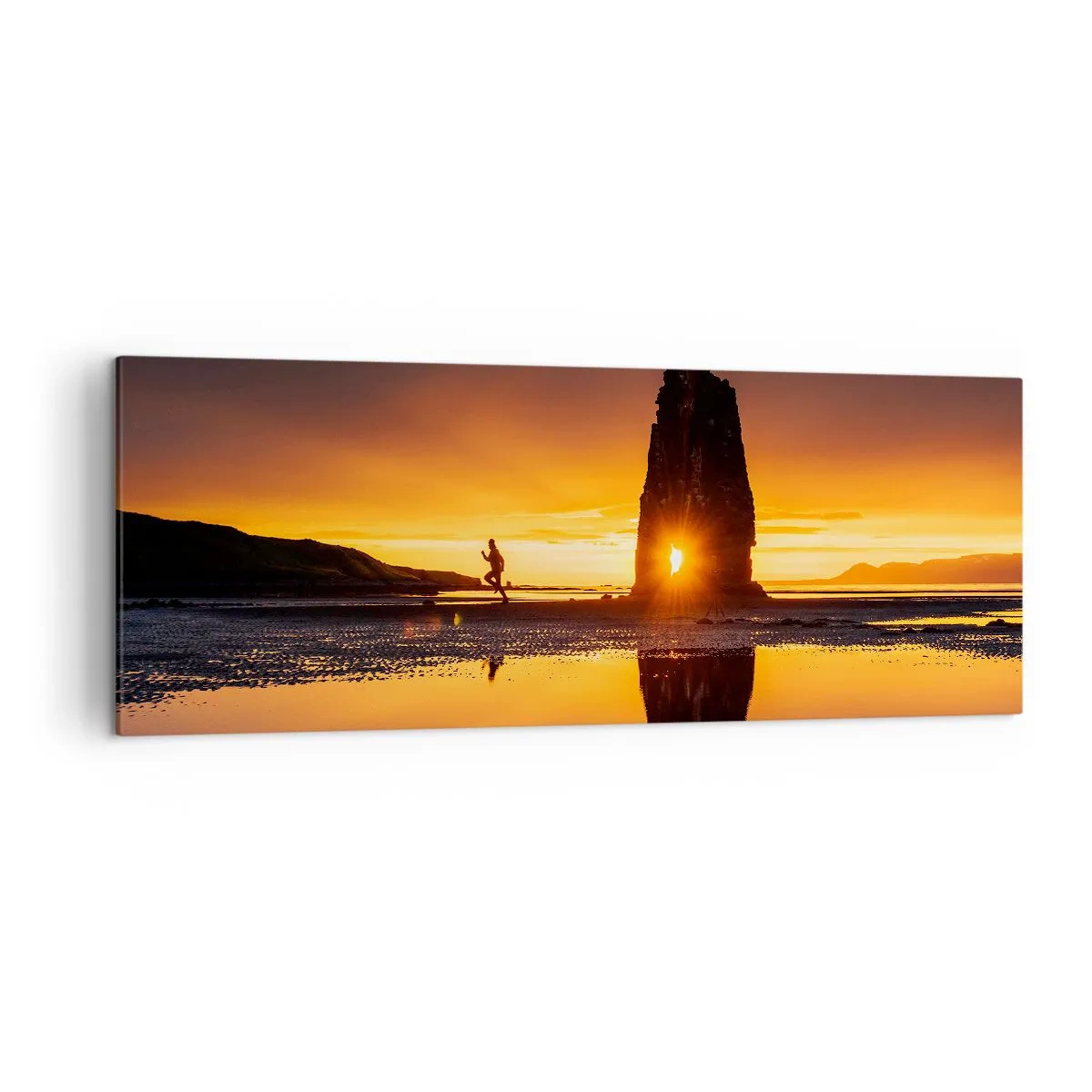 Cuadro sobre lienzo - Impresión de Imagen - Persona corriendo en la playa al atardecer con formación rocosa - 140x50cm - Solo tú y la naturaleza - Decoración de pared moderna para salón y dormitorio ARTTOR