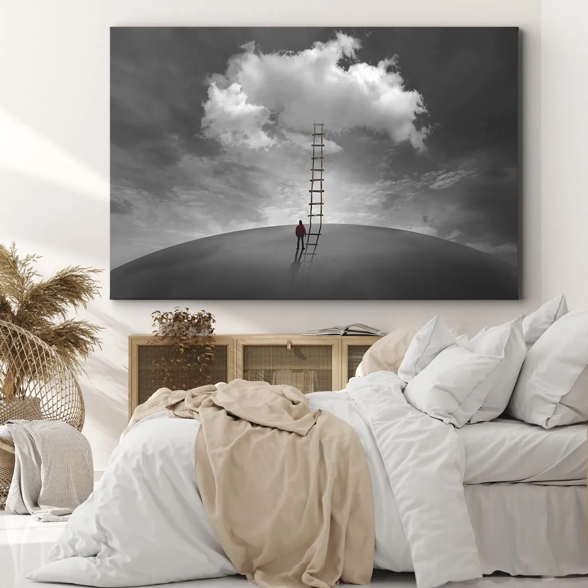 Cuadro sobre lienzo - Impresión de Imagen - Una persona con un abrigo rojo y una escalera que conduce a una nube. - 70x50cm - Todo es posible - Decoración de pared moderna para salón y dormitorio ARTTOR