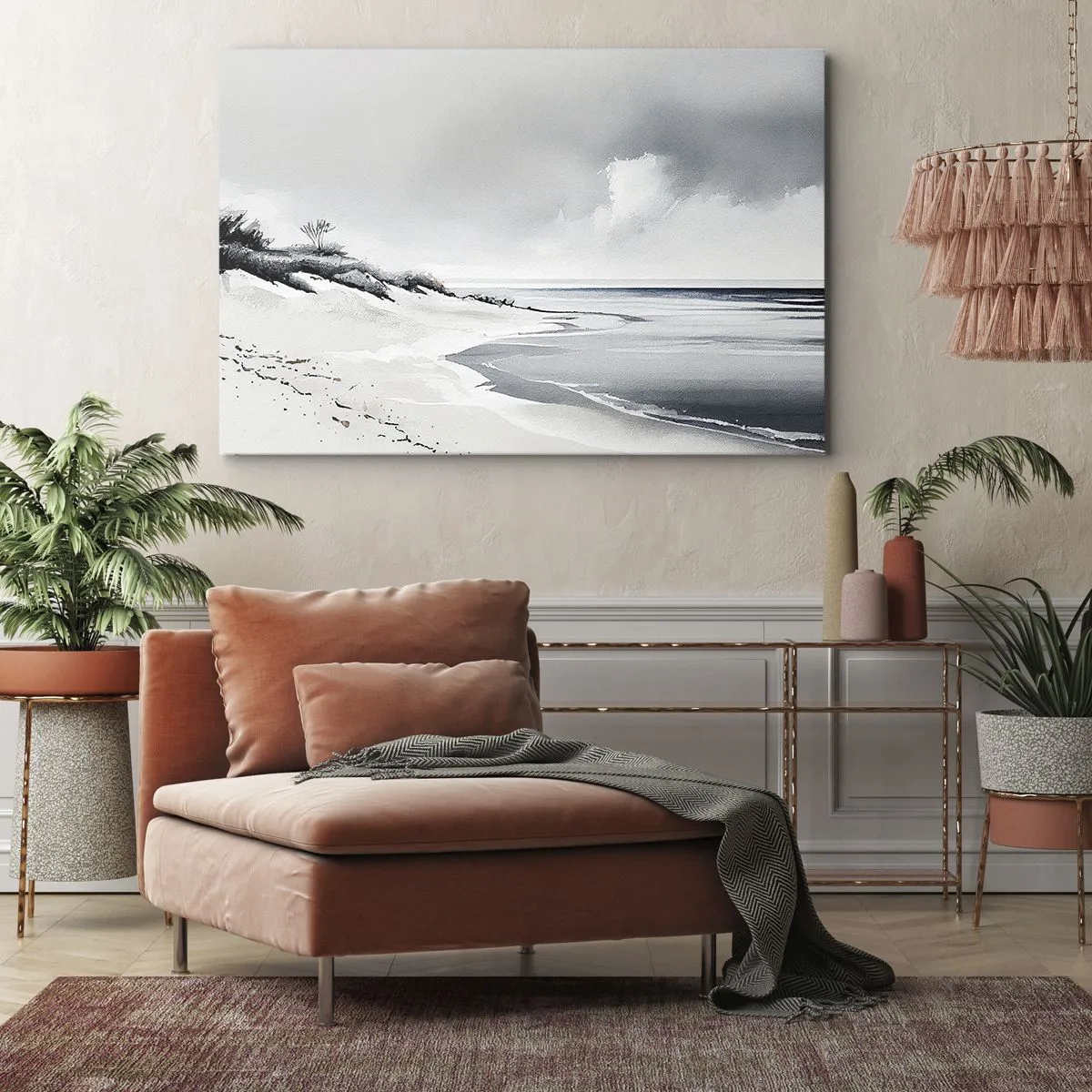 Cuadro sobre lienzo - Impresión de Imagen - Una playa en tonos tenues de gris y azul. - 120x80cm - Juntos desde el principio de los tiempos - Decoración de pared moderna para salón y dormitorio ARTTOR