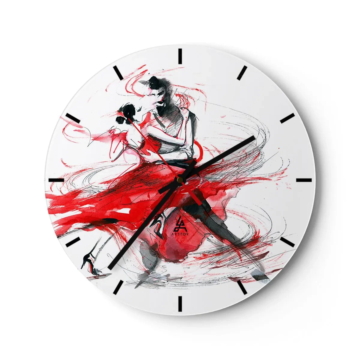 Reloj de pared - Reloj de vidrio - Bailarines de tango en rojo, trazos dinámicos de acuarela - 30x30cm - El tango: el ritmo de la pasión - Decoración de pared moderna para salón, cocina y dormitorio ARTTOR