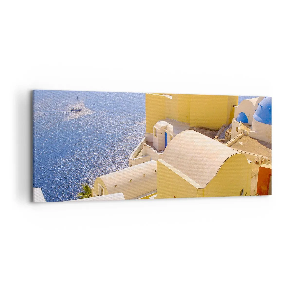 Cuadro sobre lienzo - Impresión de Imagen - Arquitectura griega con vistas al mar y un barco al fondo. - 120x50cm - Paisaje griego en blanco y azul - Decoración de pared moderna para salón y dormitorio ARTTOR
