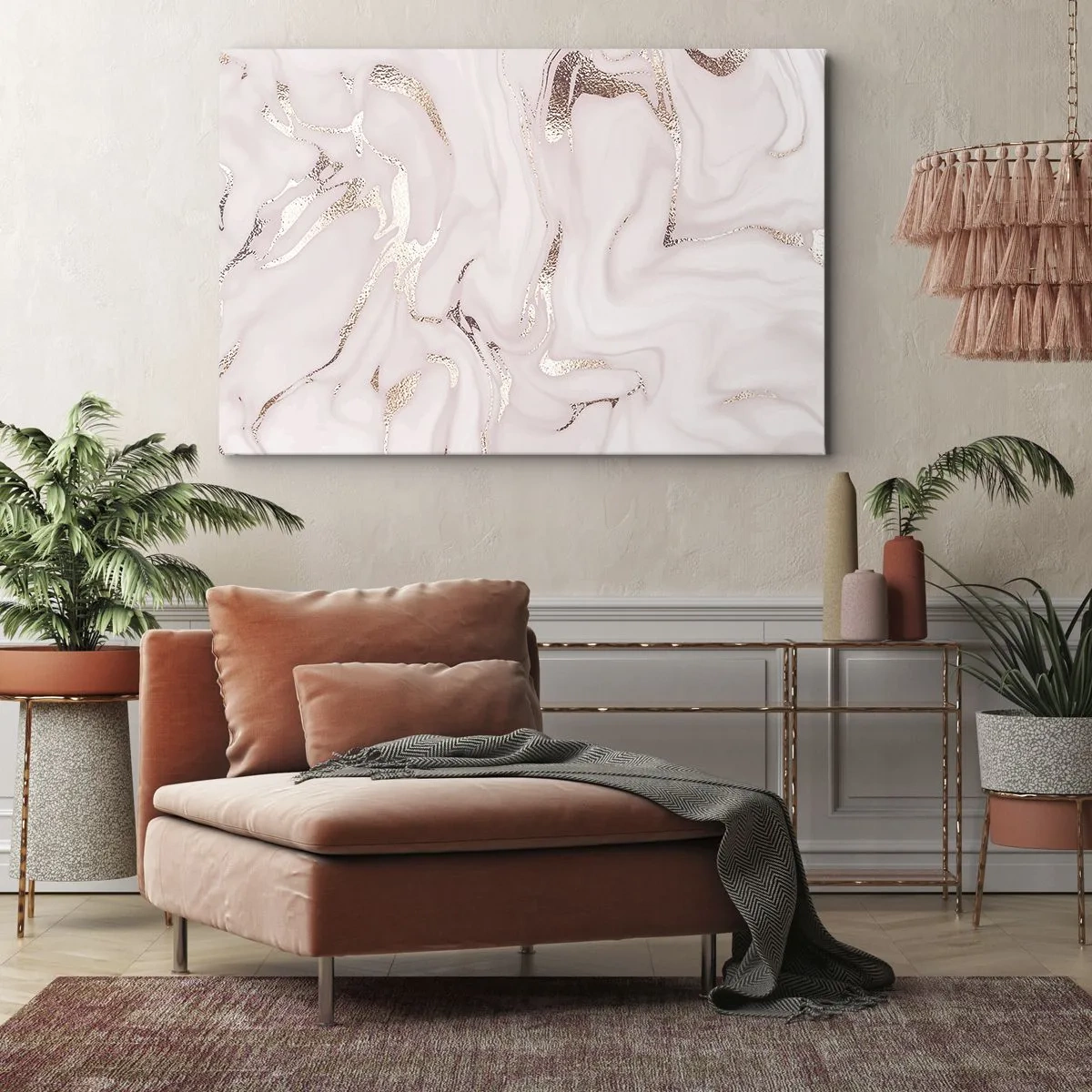 Cuadro sobre lienzo - Impresión de Imagen - Elegante abstracción en tonos rosa y dorado. - 100x70cm - En rosa - Decoración de pared moderna para salón y dormitorio ARTTOR