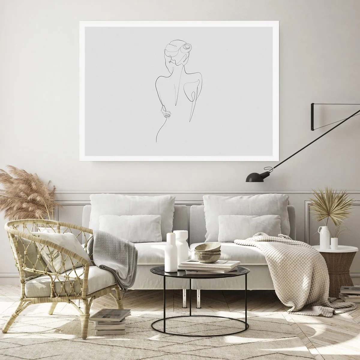 Póster - Una línea de contorno que muestra una silueta femenina sobre un fondo claro. - 100x70cm - Música del cuerpo - Decoración de pared moderna para salón y dormitorio ARTTOR