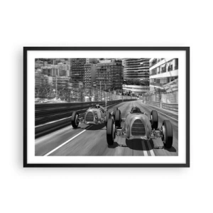 Póster en marco negro - Escena de carrera de coches retro monocromática - 70x50cm - Érase una vez en Montecarlo - Decoración de pared moderna para salón y dormitorio ARTTOR