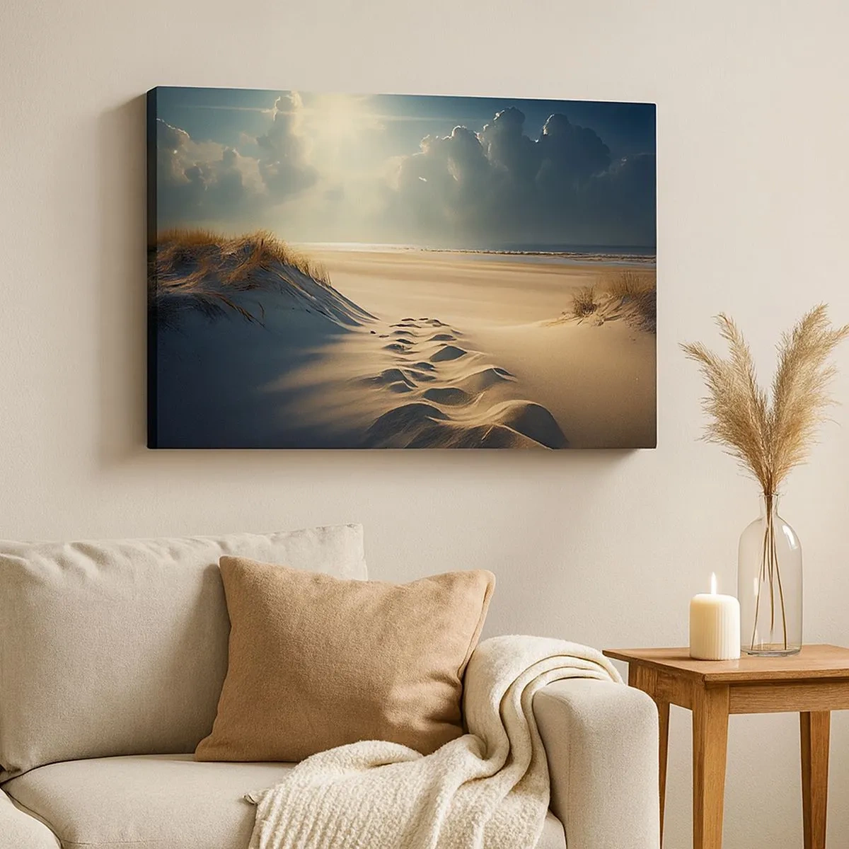 Cuadro sobre lienzo - Impresión de Imagen - Dunas doradas en la playa al atardecer con vistas al mar - 70x50cm - Paisaje tranquilizador - Decoración de pared moderna para salón y dormitorio ARTTOR