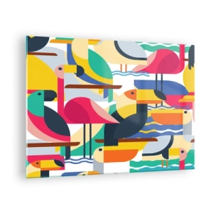 Cuadro sobre vidrio - Impresiones sobre Vidrio - Ilustración abstracta de pájaros coloridos en un estilo geométrico. - 70x50cm - Fiesta de las aves - Decoración de pared moderna para salón y dormitorio ARTTOR