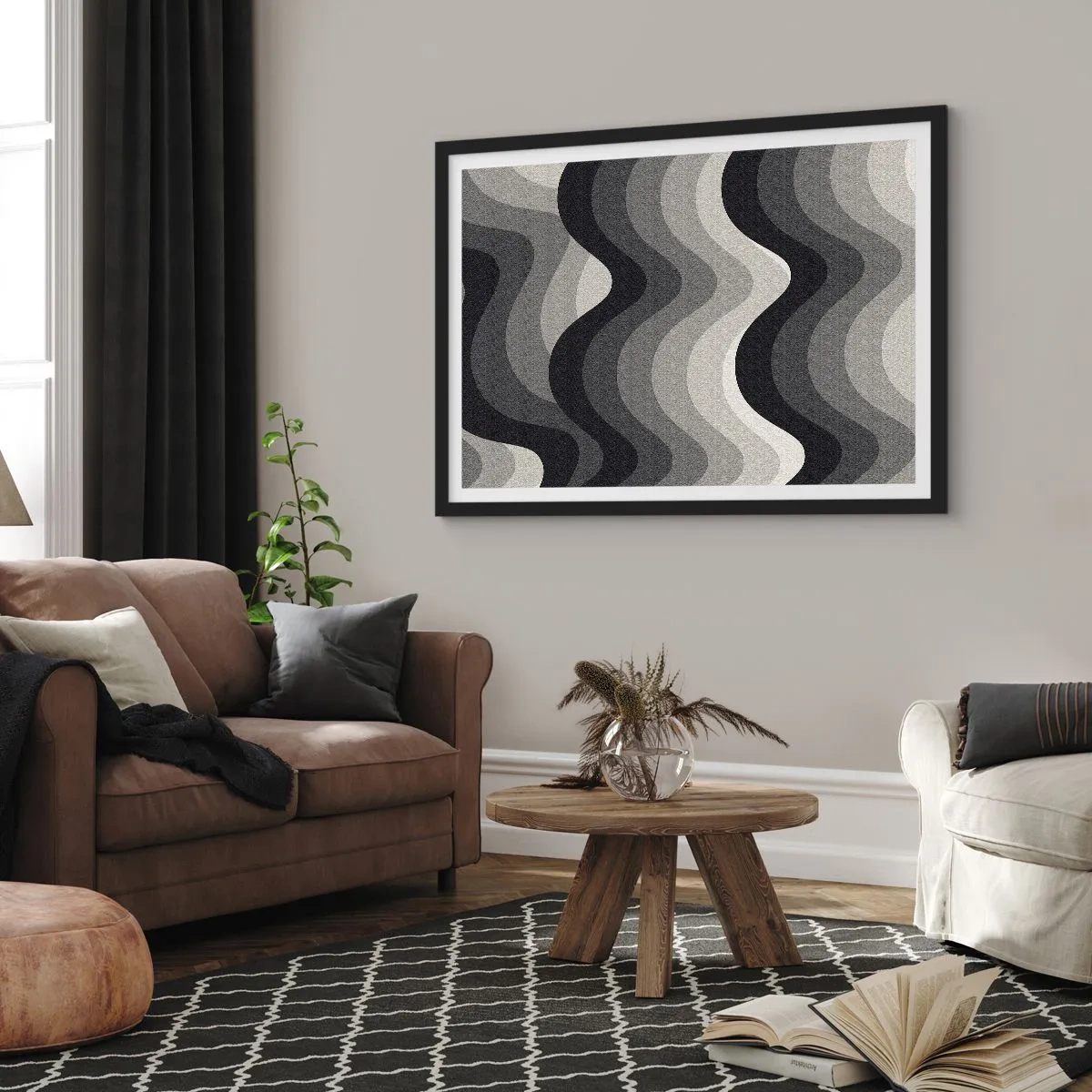 Póster en marco negro - Patrones ondulados en blanco y negro en tonos de gris. - 70x50cm - Ola tras ola - Decoración de pared moderna para salón y dormitorio ARTTOR