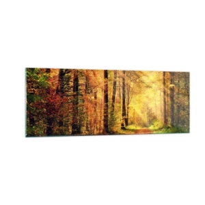 Cuadro sobre vidrio - Impresiones sobre Vidrio - Un sendero forestal rodeado de árboles dorados y verdes. - 140x50cm - Silencio dorado del bosque - Decoración de pared moderna para salón y dormitorio ARTTOR