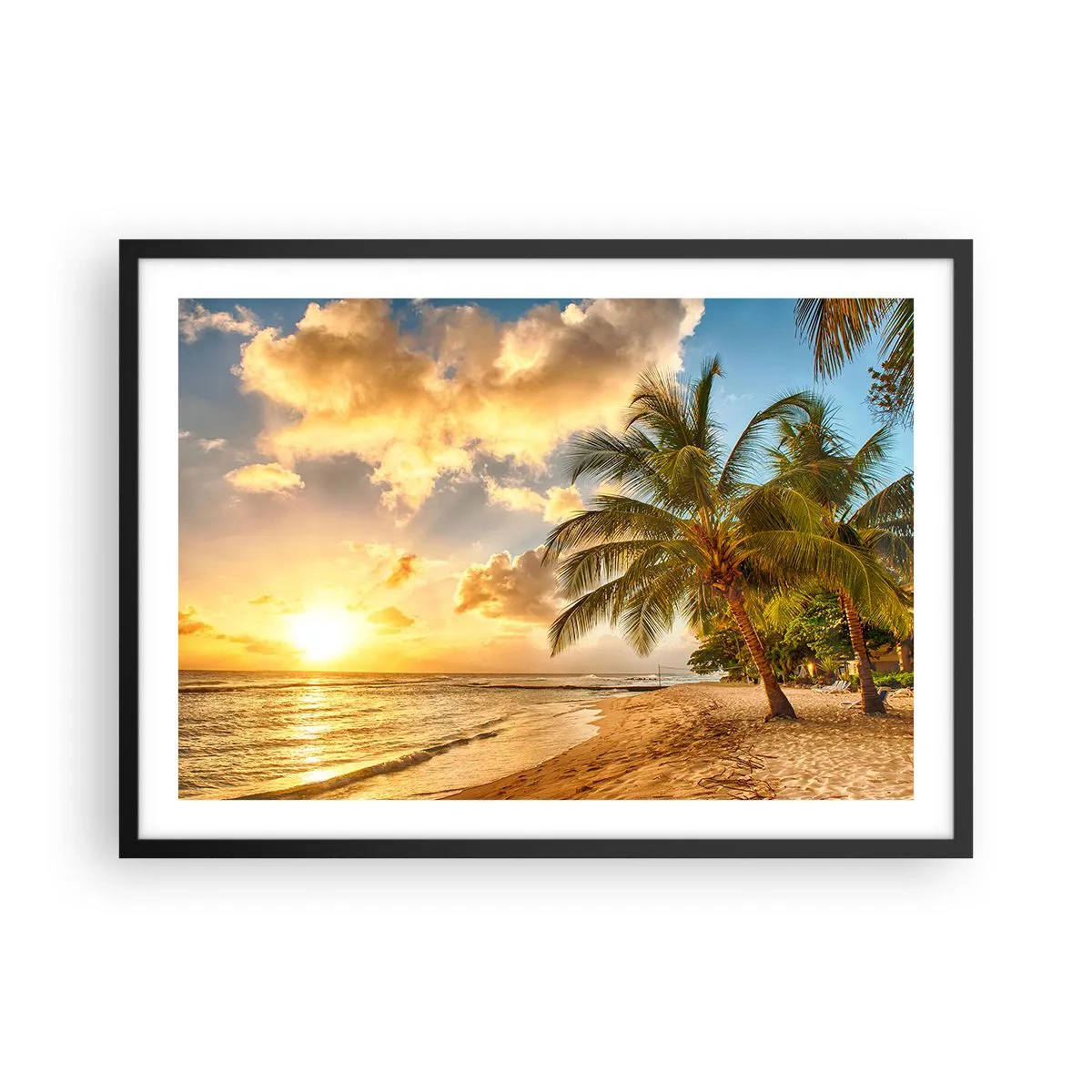 Póster en marco negro - Playa con palmeras y puesta de sol sobre el océano. - 70x50cm - El eterno verano, siempre de vacaciones - Decoración de pared moderna para salón y dormitorio ARTTOR