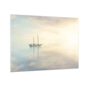 Cuadro sobre vidrio - Impresiones sobre Vidrio - Un velero a la deriva en un mar tranquilo al amanecer. - 70x50cm - En un mar de silencio - Decoración de pared moderna para salón y dormitorio ARTTOR