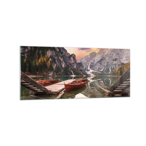 Cuadro sobre vidrio - Impresiones sobre Vidrio - Lago de montaña con barcos al atardecer - 120x50cm - Espejo entre montañas - Decoración de pared moderna para salón y dormitorio ARTTOR