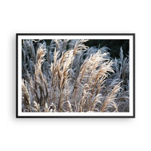 Póster en marco negro - Hojas de hierba invernales cubiertas de escarcha sobre un fondo verde oscuro - 100x70cm - Campos y campos - Decoración de pared moderna para salón y dormitorio ARTTOR