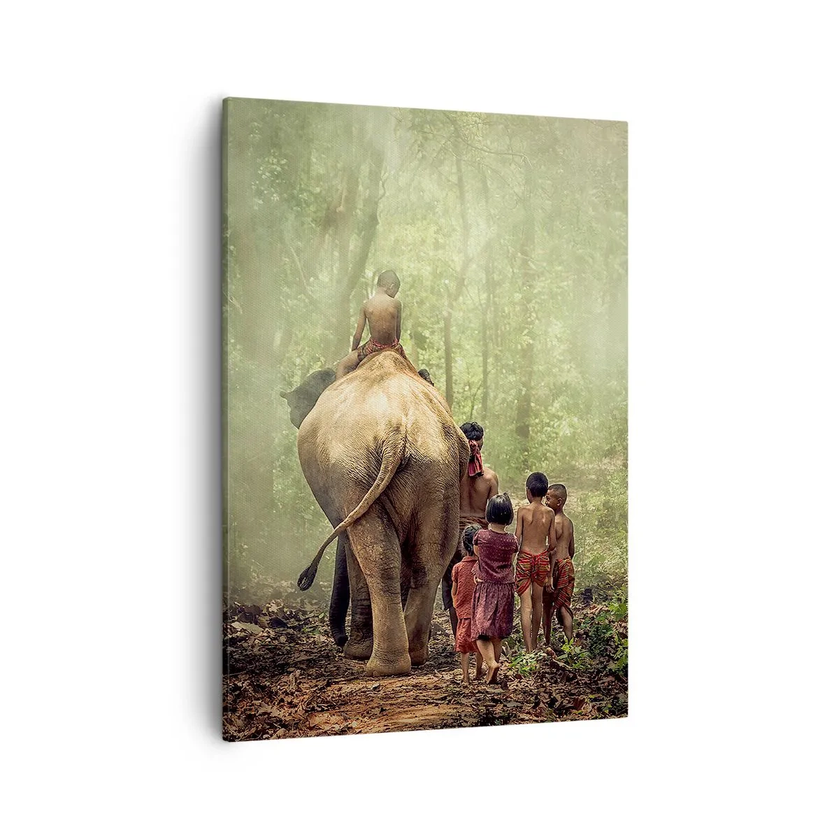 Cuadro sobre lienzo - Impresión de Imagen - Niños con un elefante en un bosque verde a la luz de la mañana. - 50x70cm - El nuevo libro de la selva - Decoración de pared moderna para salón y dormitorio ARTTOR