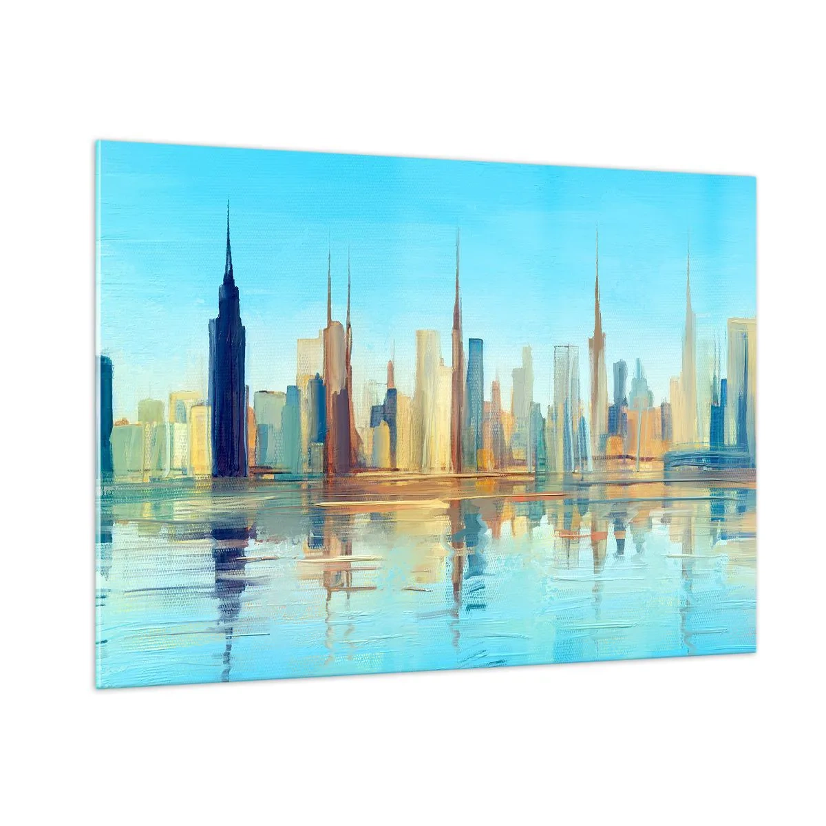 Cuadro sobre vidrio - Impresiones sobre Vidrio - Un panorama de la metrópolis reflejada en el agua bajo un cielo azul. - 100x70cm - Metrópolis soleada - Decoración de pared moderna para salón y dormitorio ARTTOR