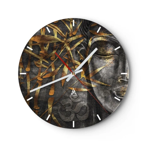 Reloj de pared - Reloj de vidrio - Imagen de Buda dorado con motivo de bambú y símbolo Om - 30x30cm - Siente la paz - Decoración de pared moderna para salón, cocina y dormitorio ARTTOR