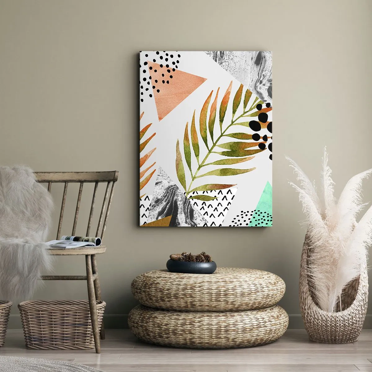 Cuadro sobre lienzo - Impresión de Imagen - Patrón tropical con hojas y formas geométricas. - 50x70cm - Decoración con hojas de palmera - Decoración de pared moderna para salón y dormitorio ARTTOR