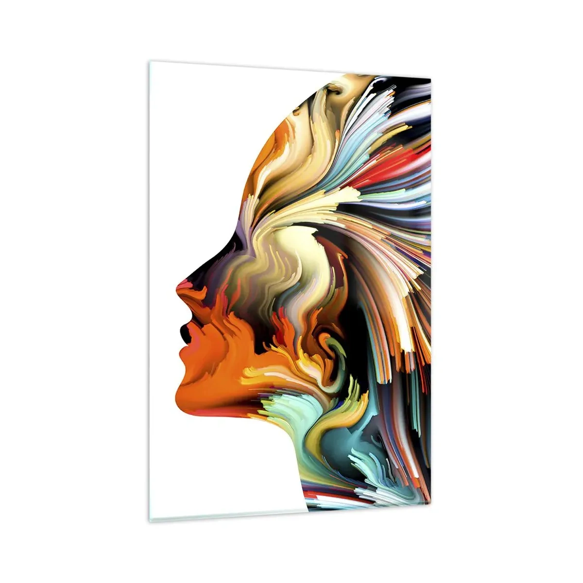 Cuadro sobre vidrio - Impresiones sobre Vidrio - Perfil de rostro abstracto con líneas dinámicas coloridas. - 80x120cm - La explosión de la imaginación - Decoración de pared moderna para salón y dormitorio ARTTOR