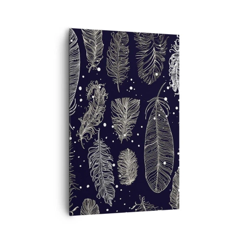 Cuadro sobre lienzo - Impresión de Imagen - Delicadas plumas blancas sobre un fondo azul marino. - 80x120cm - Encaje de plumas - Decoración de pared moderna para salón y dormitorio ARTTOR