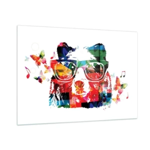 Cuadro sobre vidrio - Impresiones sobre Vidrio - Oso colorido con gafas en estilo pop art con temática musical. - 100x70cm - ¡Me encanta! - Decoración de pared moderna para salón y dormitorio ARTTOR