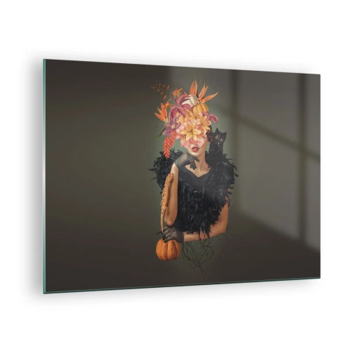 Cuadro sobre vidrio - Impresiones sobre Vidrio - Figura de una mujer de negro con una calabaza, un gato y un arreglo floral. - 70x50cm - Hechizo de bruja - Decoración de pared moderna para salón y dormitorio ARTTOR