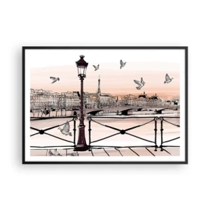 Póster en marco negro - Vista parisina con una linterna y un puente. - 100x70cm - Sobre los tejados de París - Decoración de pared moderna para salón y dormitorio ARTTOR