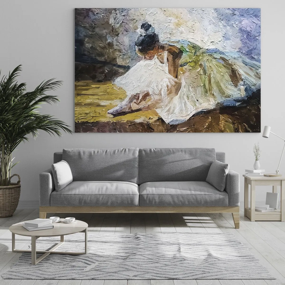 Cuadro sobre vidrio - Impresiones sobre Vidrio - Una bailarina inclinada hacia adelante con un vestido blanco pintado con una textura de óleo. - 70x50cm - De un cuadro de Degas - Decoración de pared moderna para salón y dormitorio ARTTOR