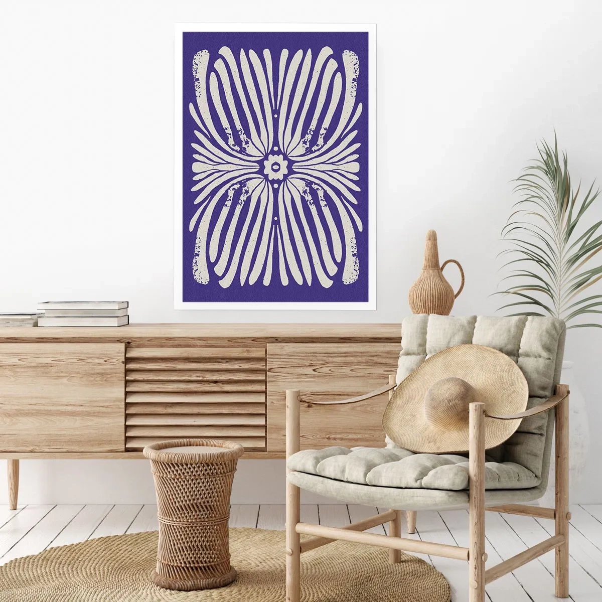 Póster - Patrón floral retro simétrico sobre un fondo azul marino. - 50x70cm - Inspiraciones étnicas - Decoración de pared moderna para salón y dormitorio ARTTOR