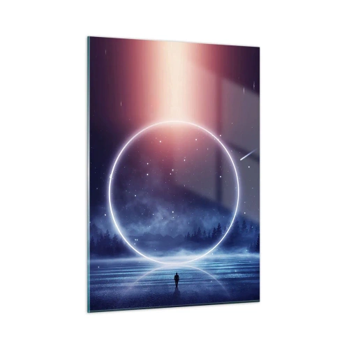 Cuadro sobre vidrio - Impresiones sobre Vidrio - Un círculo de luz sobre el lago entre el cielo nocturno y el bosque. - 50x70cm - Ya están aquí... - Decoración de pared moderna para salón y dormitorio ARTTOR