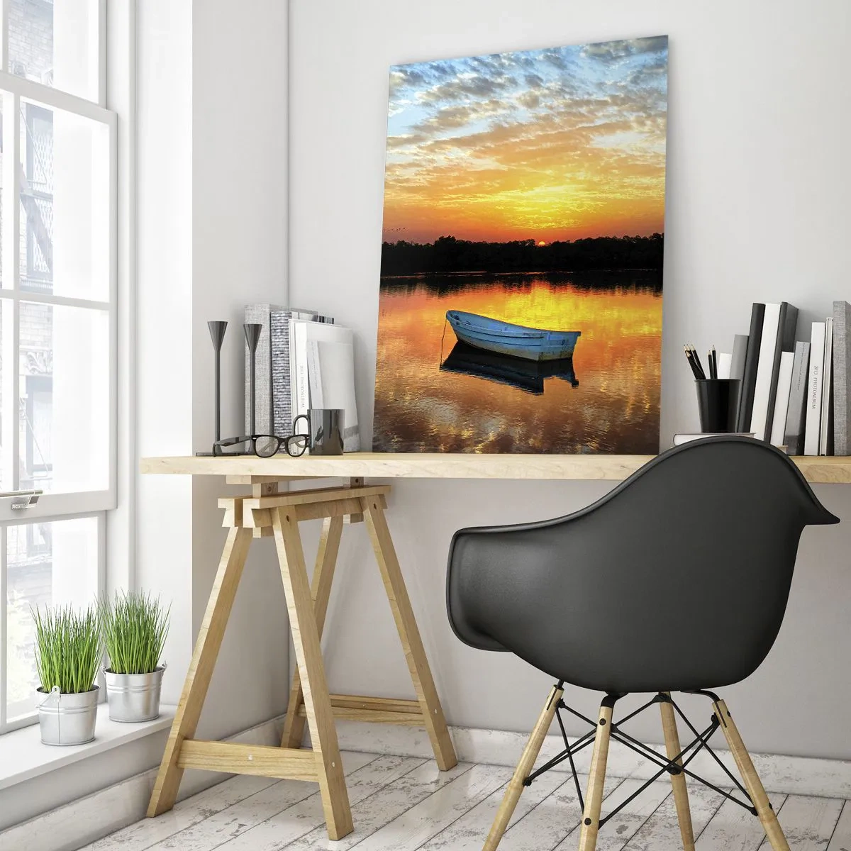 Cuadro sobre vidrio - Impresiones sobre Vidrio - Un barco en un lago tranquilo bajo los rayos del sol poniente. - 50x70cm - Mirar, escuchar, meditar - Decoración de pared moderna para salón y dormitorio ARTTOR