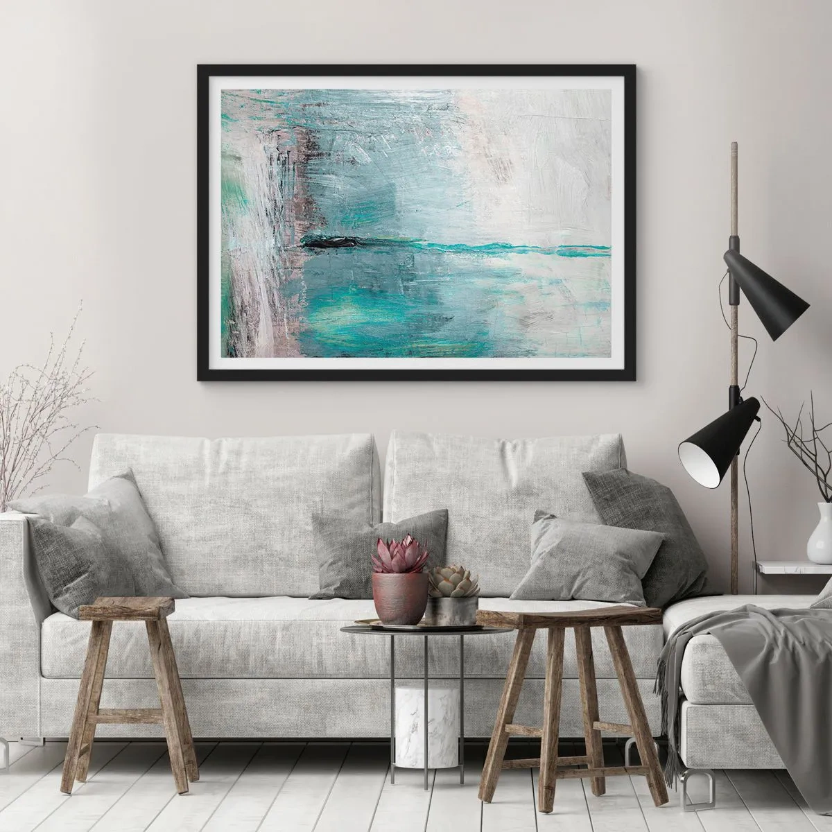 Póster en marco negro - Abstracción en tonos turquesa y gris. - 70x50cm - Horizontalmente sobre el azul - Decoración de pared moderna para salón y dormitorio ARTTOR