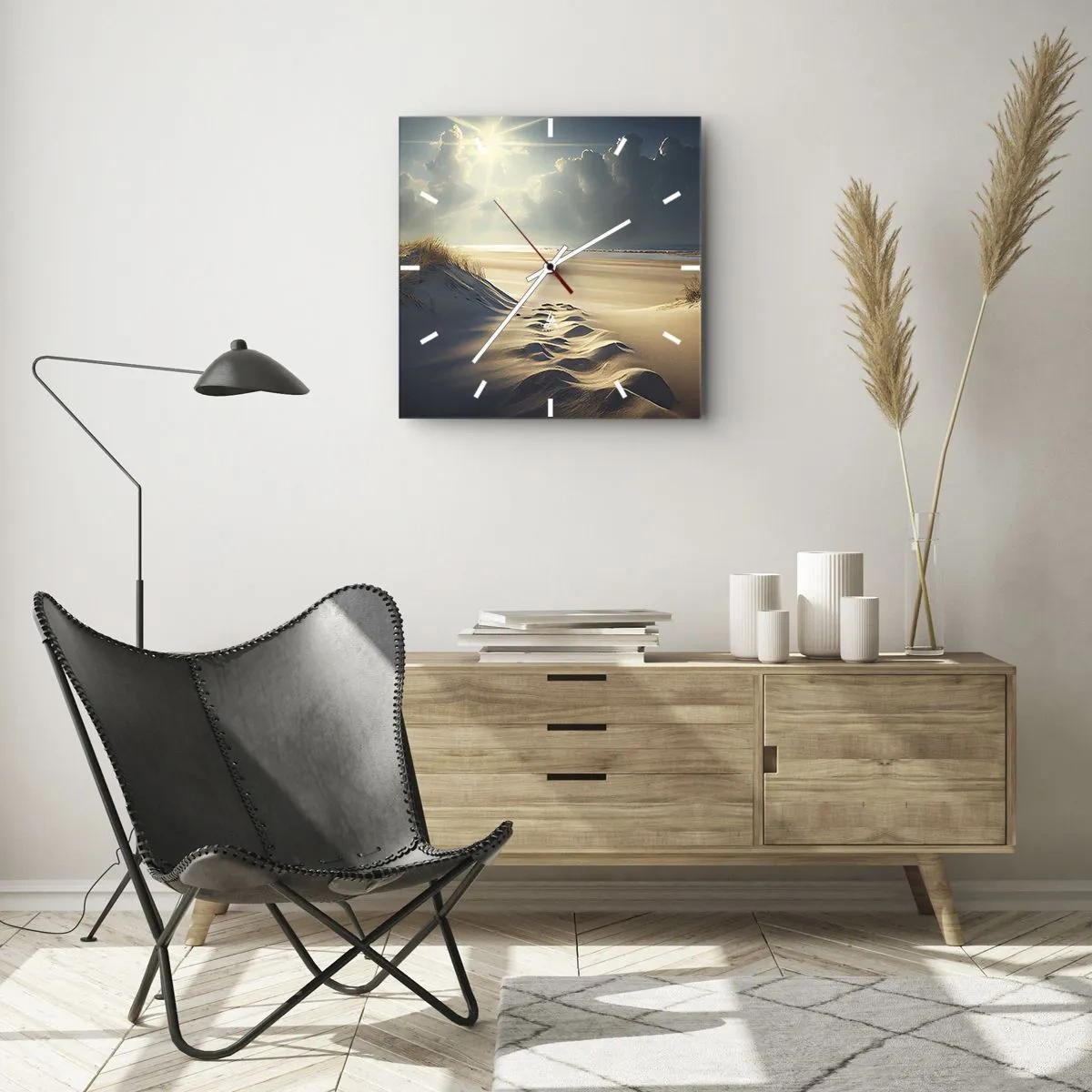 Reloj de pared - Reloj de vidrio - Dunas doradas en la playa al atardecer con vistas al mar - 30x30cm - Paisaje tranquilizador - Decoración de pared moderna para salón y dormitorio ARTTOR