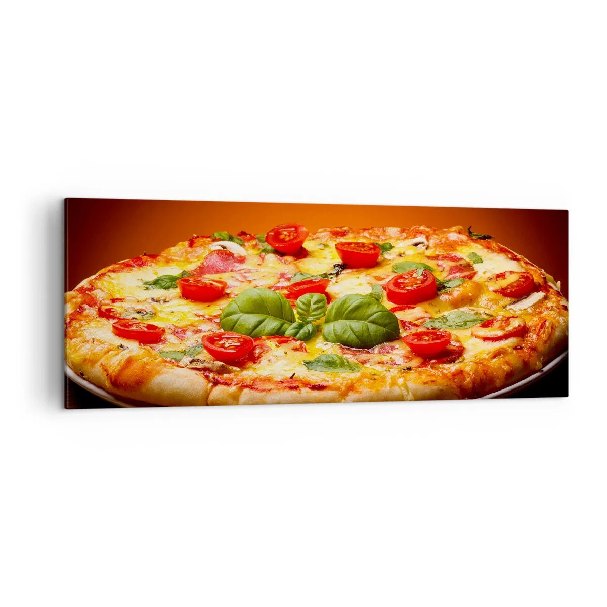 Cuadro sobre lienzo - Impresión de Imagen - Pizza con tomates y albahaca sobre una mesa de madera. - 140x50cm - ¡Mamma mia! - Decoración de pared moderna para salón y dormitorio ARTTOR