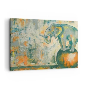 Cuadro sobre lienzo - Impresión de Imagen - Un elefante haciendo equilibrio sobre una pelota en un estilo artístico. - 100x70cm - ¡Viva el circo! - Decoración de pared moderna para salón y dormitorio ARTTOR