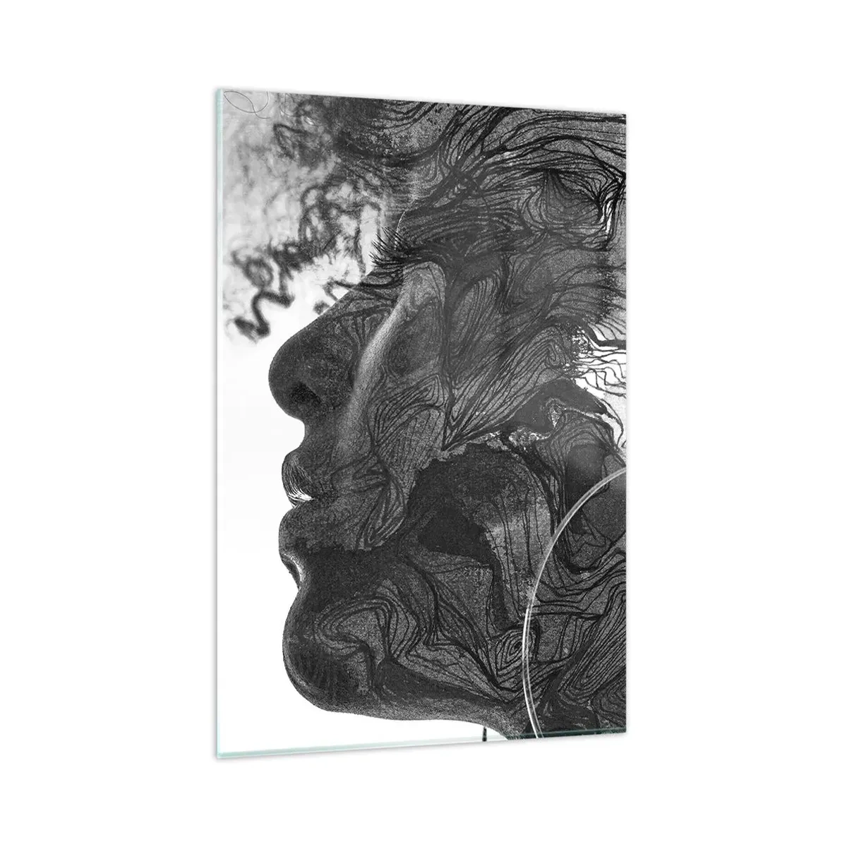 Cuadro sobre vidrio - Impresiones sobre Vidrio - Rostro abstracto en blanco y negro con líneas dinámicas. - 80x120cm - Enredada en sueños - Decoración de pared moderna para salón y dormitorio ARTTOR
