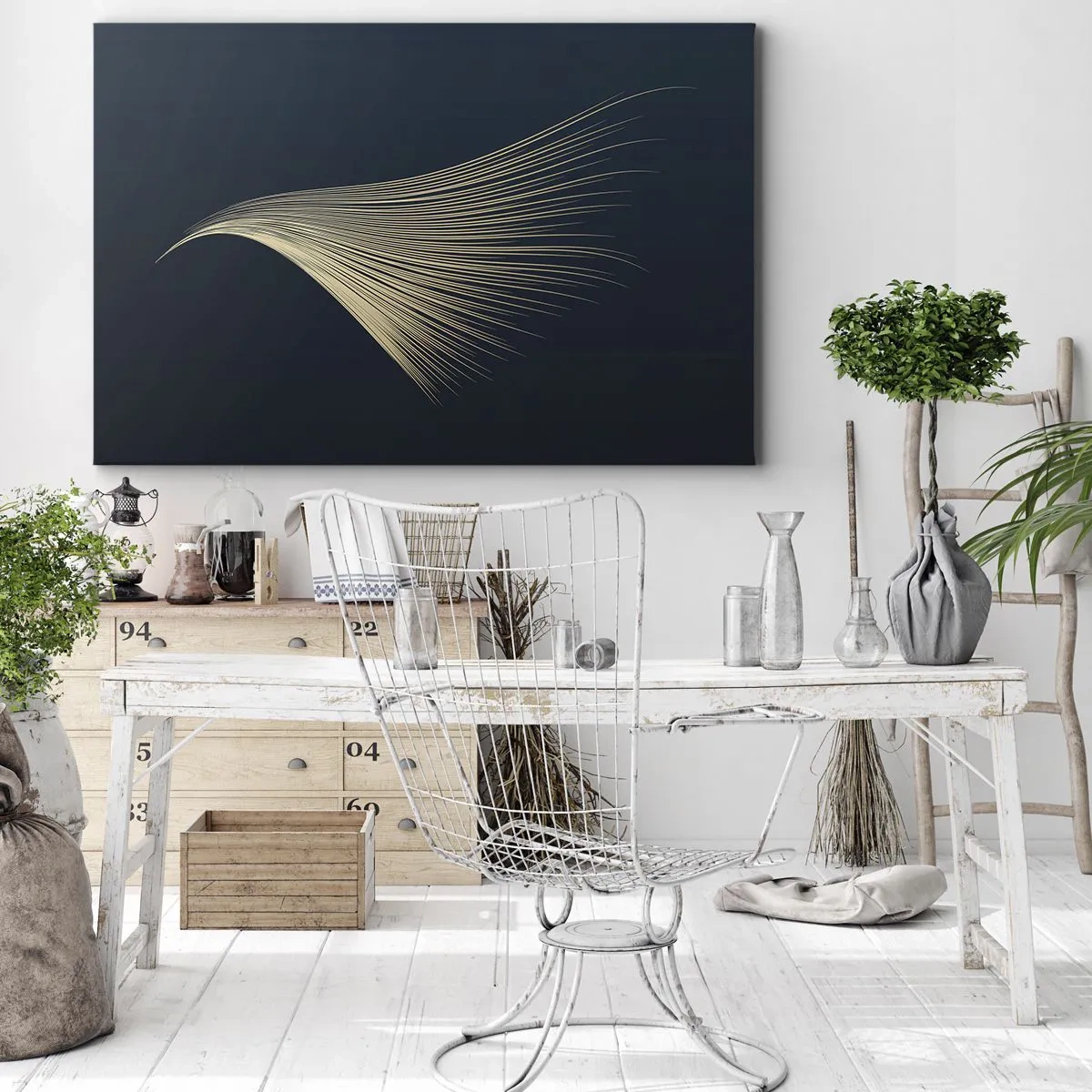 Cuadro sobre lienzo - Impresión de Imagen - Una delicada línea similar a una pluma sobre un fondo azul marino. - 70x50cm - Como el cabello de un ángel - Decoración de pared moderna para salón y dormitorio ARTTOR