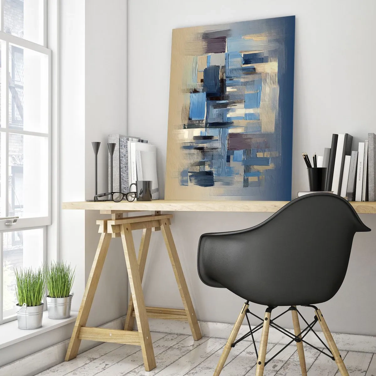 Cuadro sobre vidrio - Impresiones sobre Vidrio - Formas geométricas en tonos azules y beige. - 70x100cm - Construcción azul - Decoración de pared moderna para salón y dormitorio ARTTOR