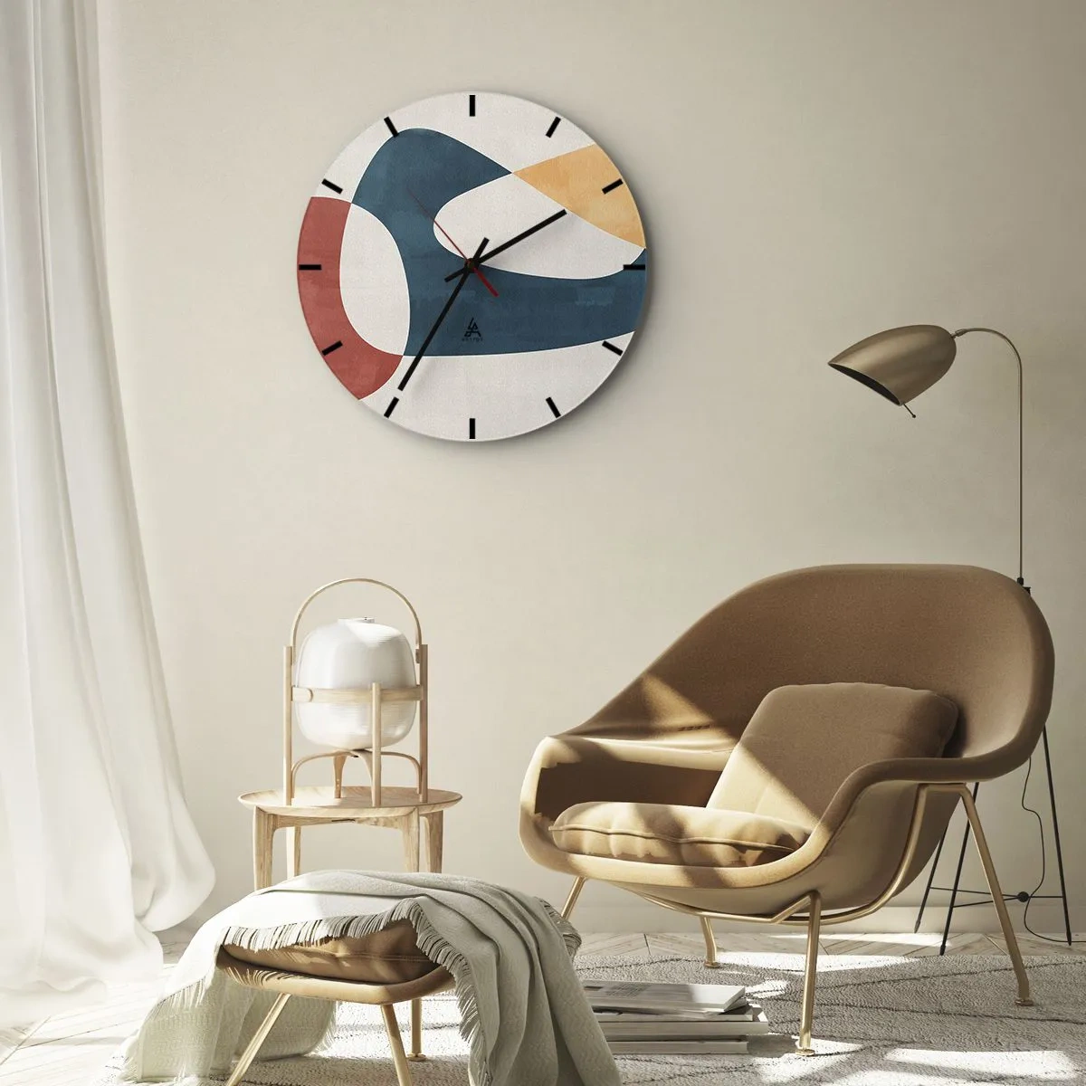 Reloj de pared - Reloj de vidrio - Formas abstractas en tonos rojo, azul marino y beige. - 30x30cm - Influencias y metamorfosis - Decoración de pared moderna para salón, cocina y dormitorio ARTTOR
