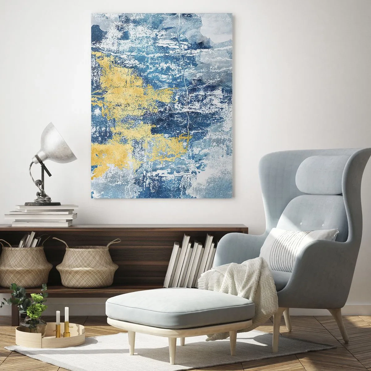 Cuadro sobre vidrio - Impresiones sobre Vidrio - Abstracción en tonos azules y amarillos - 70x100cm - Una abstracción serena - Decoración de pared moderna para salón y dormitorio ARTTOR