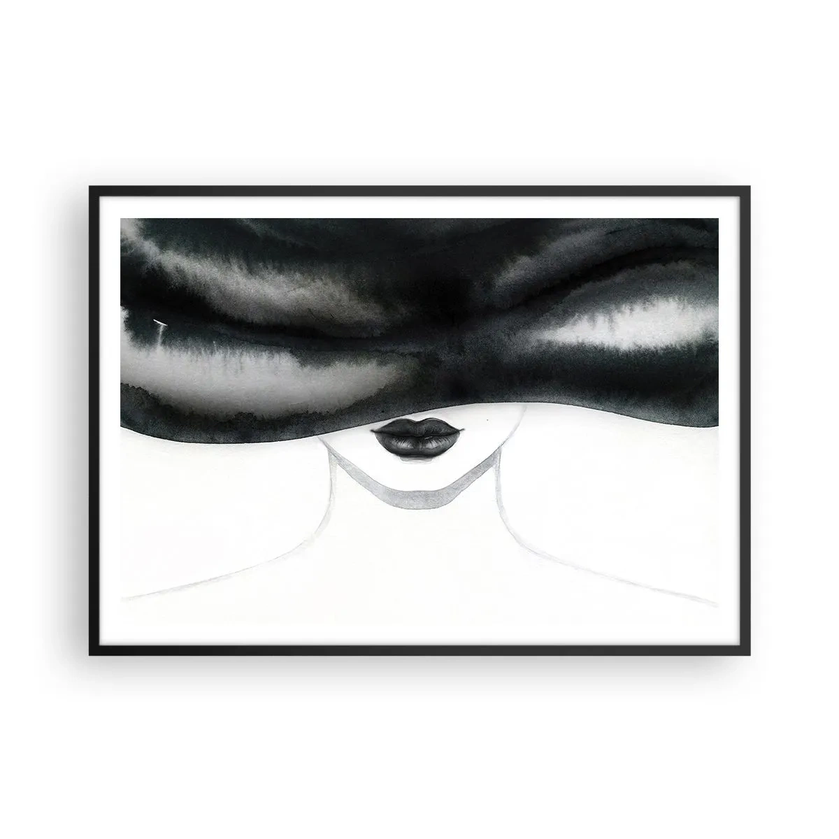 Póster en marco negro - Un retrato sutil de una mujer con el rostro cubierto en un estilo monocromático. - 100x70cm - Un misterio sensual - Decoración de pared moderna para salón y dormitorio ARTTOR