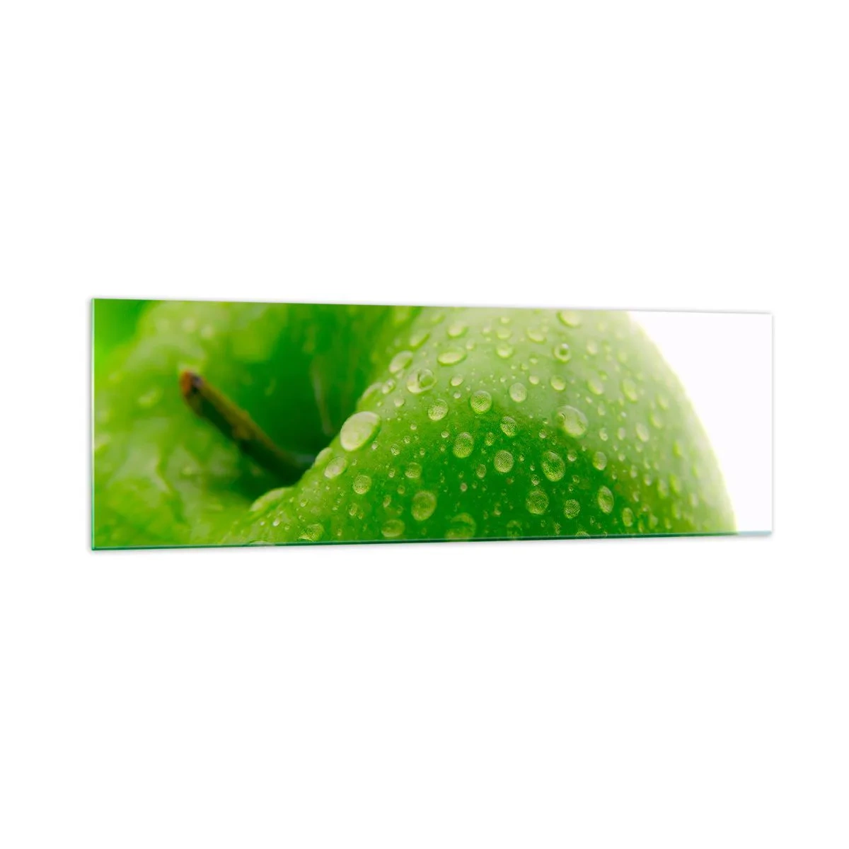 Cuadro sobre vidrio - Impresiones sobre Vidrio - Primer plano de una manzana verde con gotas de agua. - 160x50cm - Frescor verde - Decoración de pared moderna para salón y dormitorio ARTTOR