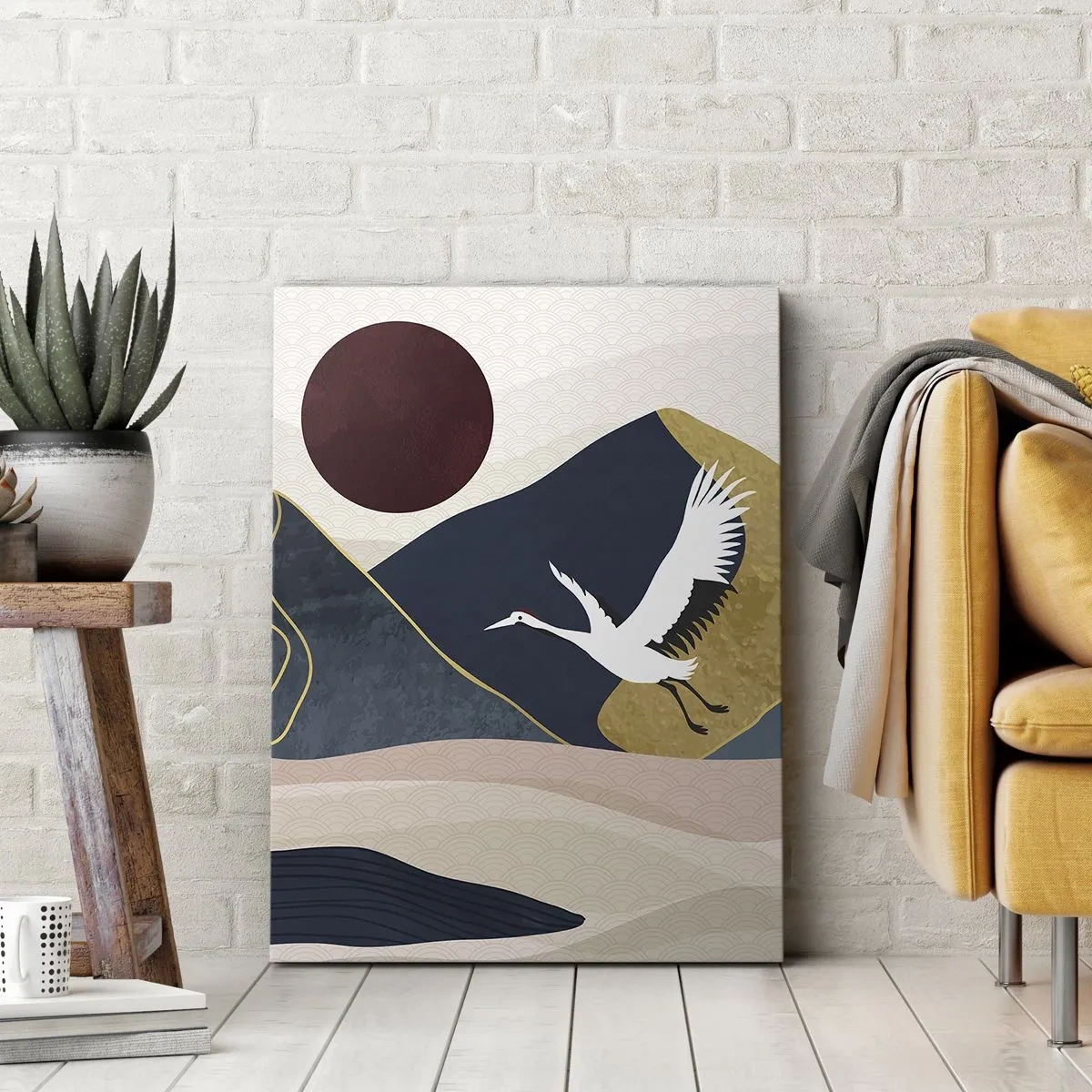 Cuadro sobre lienzo - Impresión de Imagen - Grúas en vuelo con el telón de fondo de montañas y un sol rojo. - 50x70cm - Y el día ha vuelto a pasar volando - Decoración de pared moderna para salón y dormitorio ARTTOR