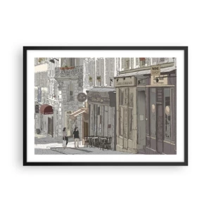 Póster en marco negro - Ilustración de una calle de la ciudad con cafés y tiendas. - 70x50cm - Alegrías urbanas - Decoración de pared moderna para salón y dormitorio ARTTOR