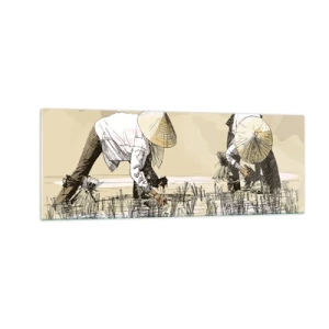 Cuadro sobre vidrio - Impresiones sobre Vidrio - Agricultores trabajando en un campo de arroz con sombreros tradicionales - 140x50cm - De una cosecha exitosa - Decoración de pared moderna para salón y dormitorio ARTTOR