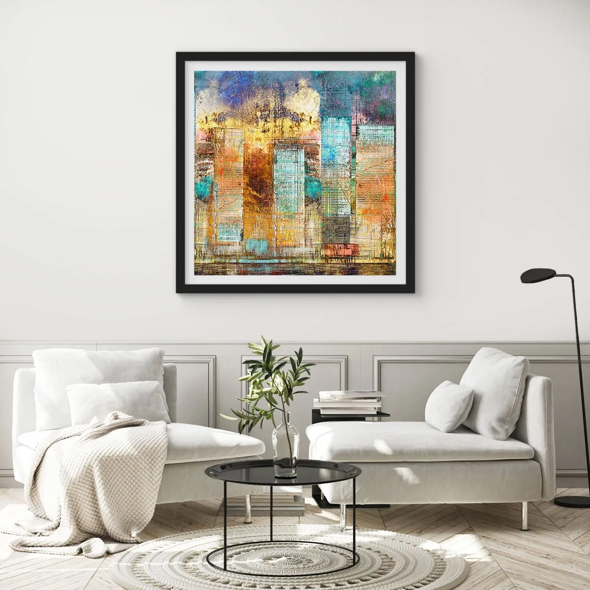 Póster en marco negro - Metrópolis soleada - 40x40 cm