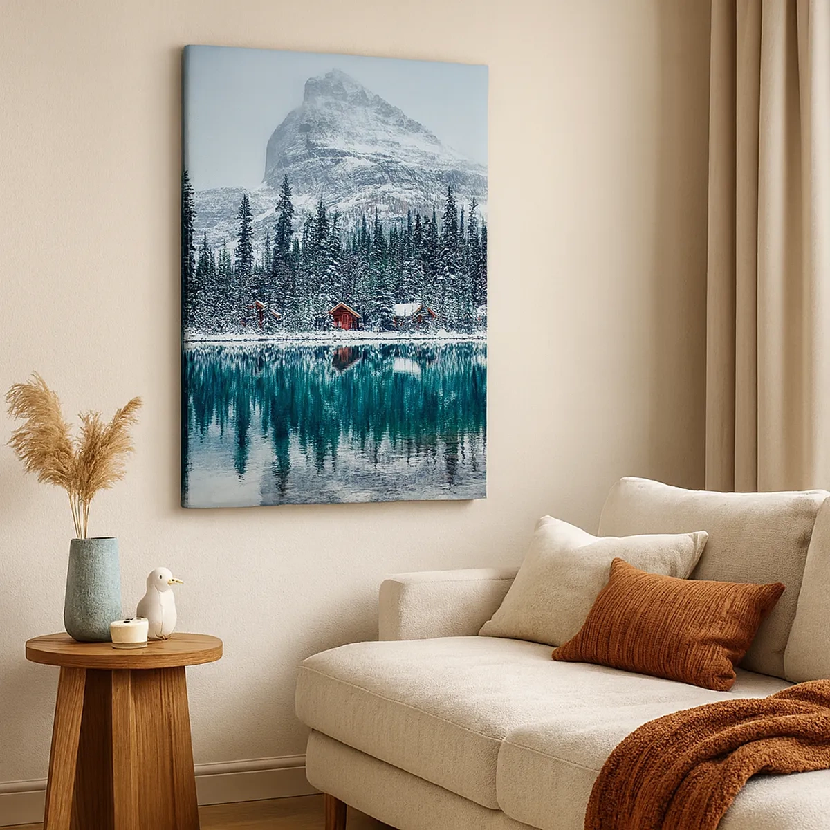 Cuadro sobre lienzo - Impresión de Imagen - Paisaje invernal con cabañas en el bosque junto a un lago congelado - 50x70cm - Retiro canadiense - Decoración de pared moderna para salón y dormitorio ARTTOR