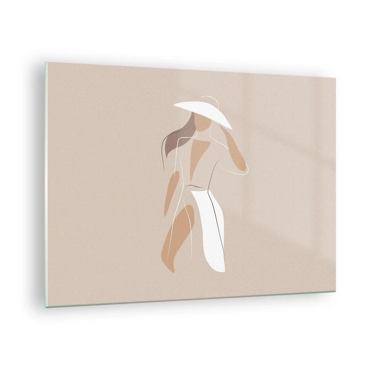 Cuadro sobre vidrio - Impresiones sobre Vidrio - Figura estilizada de una mujer con un sombrero blanco. - 70x50cm - La moda es alegría - Decoración de pared moderna para salón y dormitorio ARTTOR