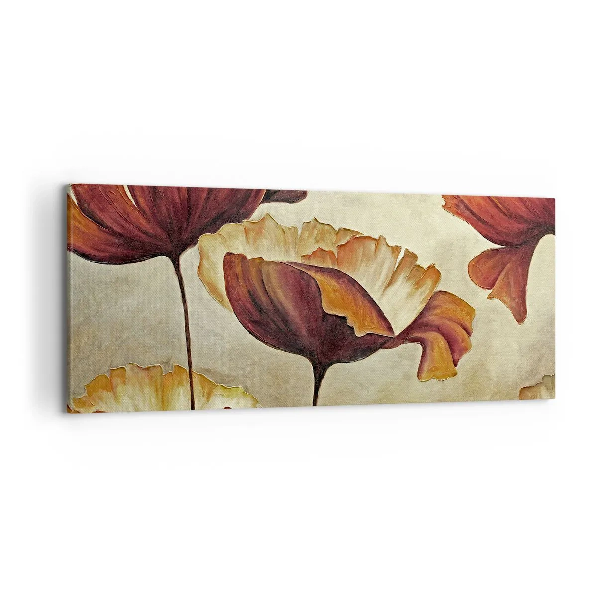 Cuadro sobre lienzo - Impresión de Imagen - Flores sutiles en tonos rojos y dorados sobre un fondo claro. - 120x50cm - Prado de prados - Decoración de pared moderna para salón y dormitorio ARTTOR
