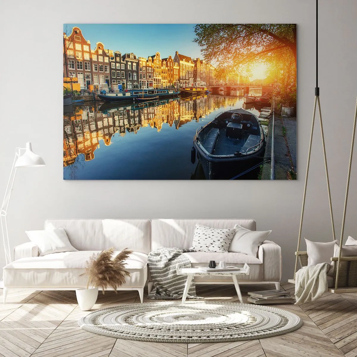 Cuadro sobre vidrio - Impresiones sobre Vidrio - Canal de Ámsterdam al atardecer - 120x80cm - Mañana en Ámsterdam - Decoración de pared moderna para salón y dormitorio ARTTOR