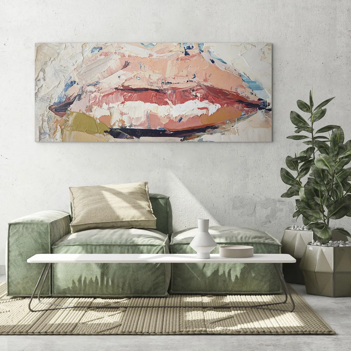 Cuadro sobre vidrio - Impresiones sobre Vidrio - Una composición abstracta que representa los labios de una mujer en colores pastel. - 120x50cm - Despierta los sentidos - Decoración de pared moderna para salón y dormitorio ARTTOR