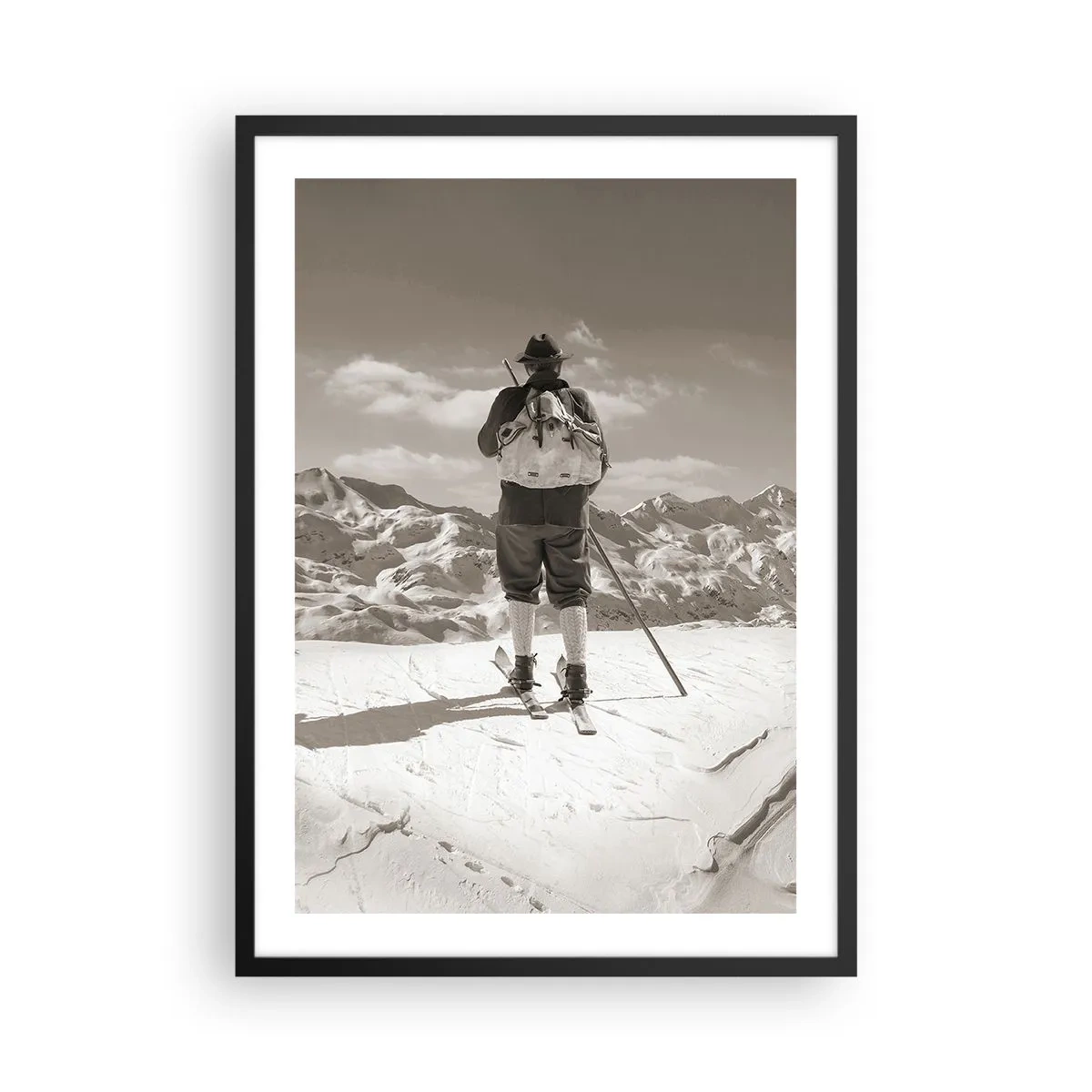 Póster en marco negro - Un esquiador de estilo retro con montañas al fondo. - 50x70cm - El techo del mundo - Decoración de pared moderna para salón y dormitorio ARTTOR
